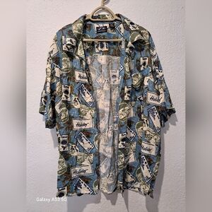 Blue and White Graphic Button-Up Shirt